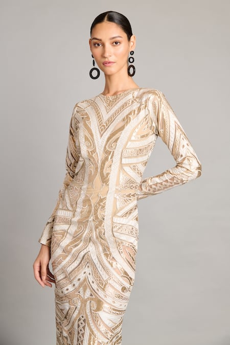 Siddartha Tytler_Ivory Net Applique Gold Column Gown _Online_at_Aza_Fashions