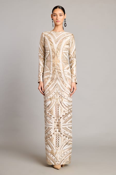 Siddartha Tytler Ivory Net Applique Gold Column Gown 