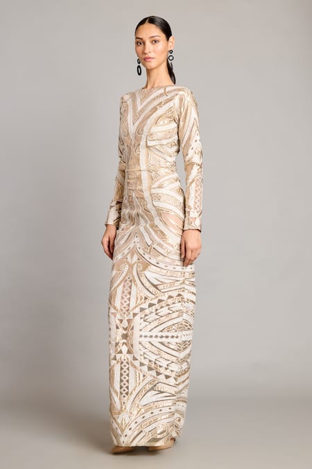 Buy_Siddartha Tytler_Ivory Net Applique Gold Column Gown _Online_at_Aza_Fashions
