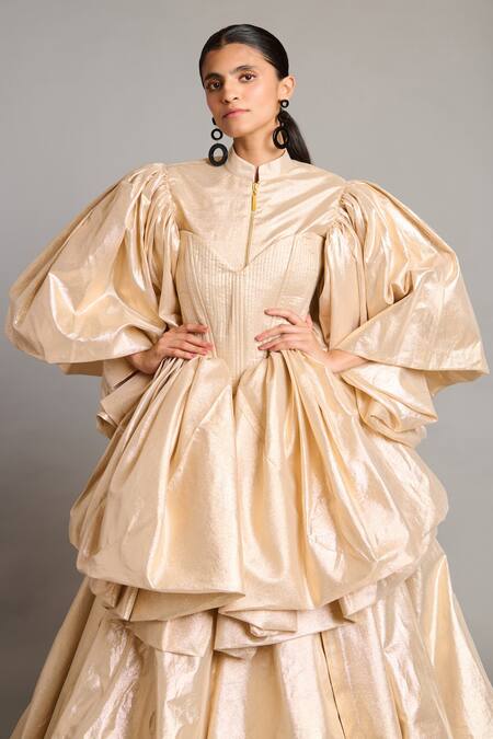 Siddartha Tytler_Gold High Neck Textured Lame Opera Jacket _Online_at_Aza_Fashions