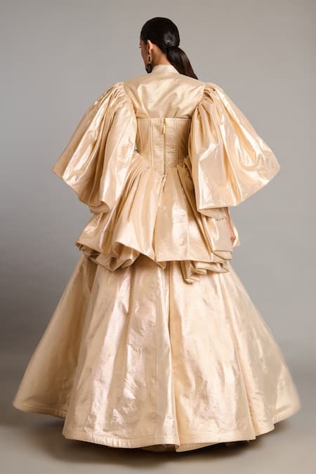 Shop_Siddartha Tytler_Gold High Neck Textured Lame Opera Jacket _at_Aza_Fashions