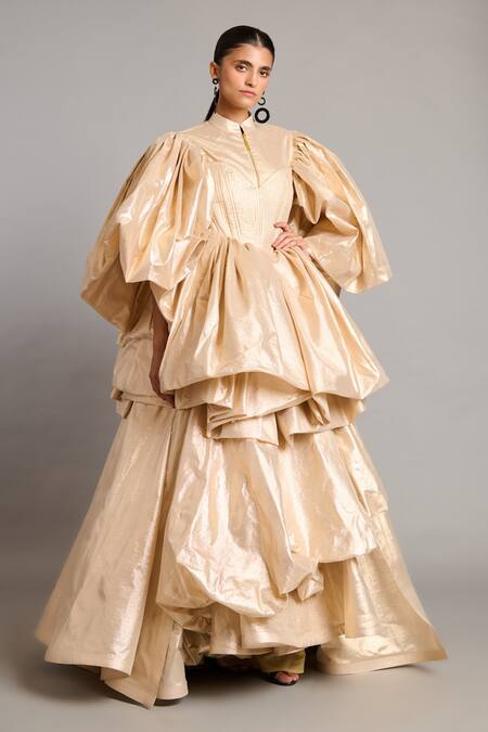 Buy_Siddartha Tytler_Gold High Neck Textured Lame Opera Jacket _Online_at_Aza_Fashions