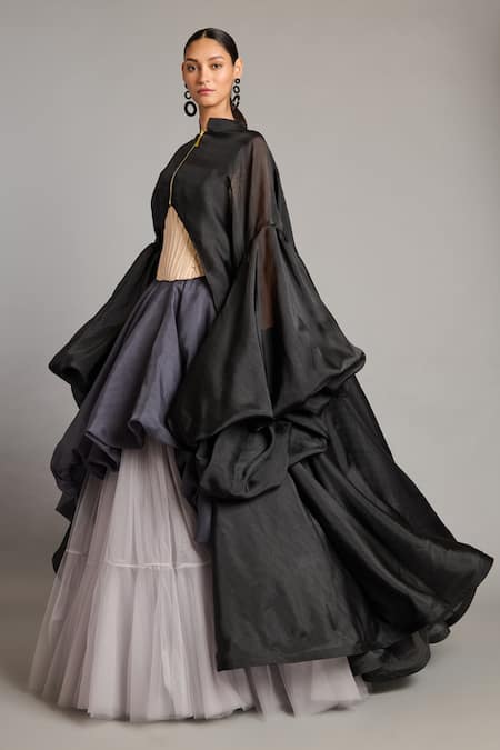 Siddartha Tytler Black Organza High Neck Balloon Sleeve Jacket Online at Aza Fashions Siddartha Tytler_Black Organza High Neck Balloon Sleeve Jacket _Online_at_Aza_Fashions