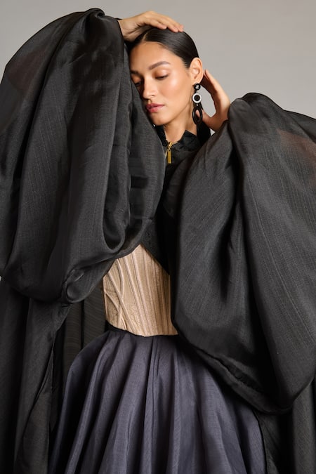 Buy Siddartha Tytler Black Organza High Neck Balloon Sleeve Jacket Online at Aza Fashions Buy_Siddartha Tytler_Black Organza High Neck Balloon Sleeve Jacket _Online_at_Aza_Fashions