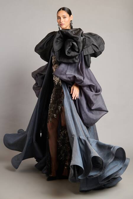Siddartha Tytler_Gray Organza, Silk Bows High Neck Slate Balloon Opera Jacket _Online_at_Aza_Fashions