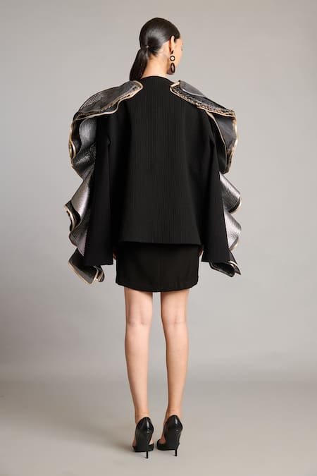 Shop_Siddartha Tytler_Black Organza Embroidery Round Neck 3d Mandala Ruffle Jacket _at_Aza_Fashions