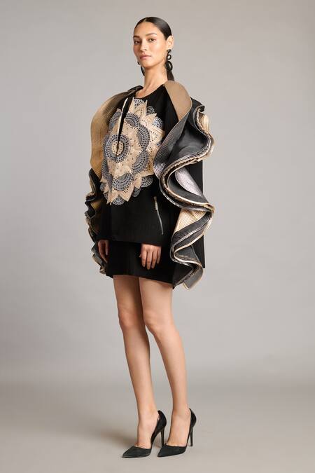Siddartha Tytler_Black Organza Embroidery Round Neck 3d Mandala Ruffle Jacket _Online_at_Aza_Fashions