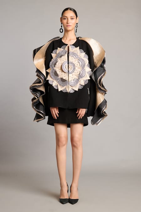 Siddartha Tytler Black Organza Embroidery Round Neck 3d Mandala Ruffle Jacket