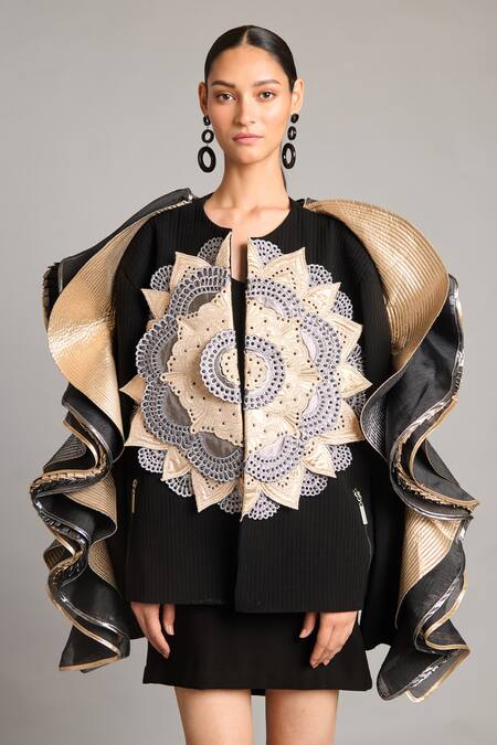 Buy_Siddartha Tytler_Black Organza Embroidery Round Neck 3d Mandala Ruffle Jacket _Online_at_Aza_Fashions