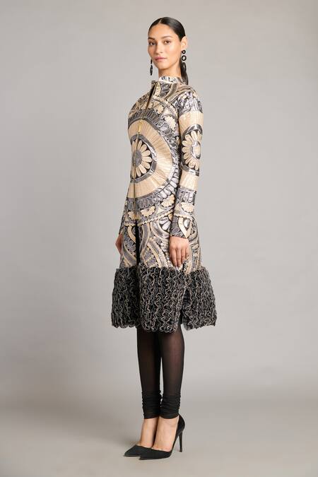 Siddartha Tytler_Black Net Embroidery High Neck Metallic Mandala Applique Jacket _Online_at_Aza_Fashions