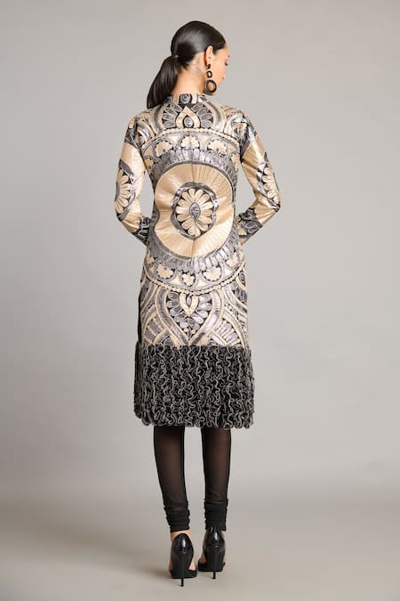 Shop_Siddartha Tytler_Black Net Embroidery High Neck Metallic Mandala Applique Jacket _at_Aza_Fashions