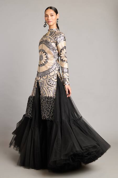 Siddartha Tytler_Black Net Embroidery High Neck Metallic Mandala Applique Jacket _at_Aza_Fashions