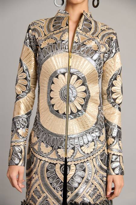 Buy_Siddartha Tytler_Black Net Embroidery High Neck Metallic Mandala Applique Jacket 