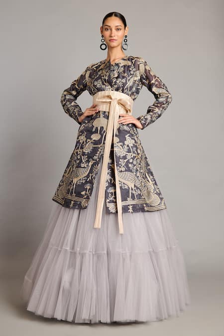 Siddartha Tytler Gray Organza Zari Round Neck Charcoal Forest Wrap Jacket 
