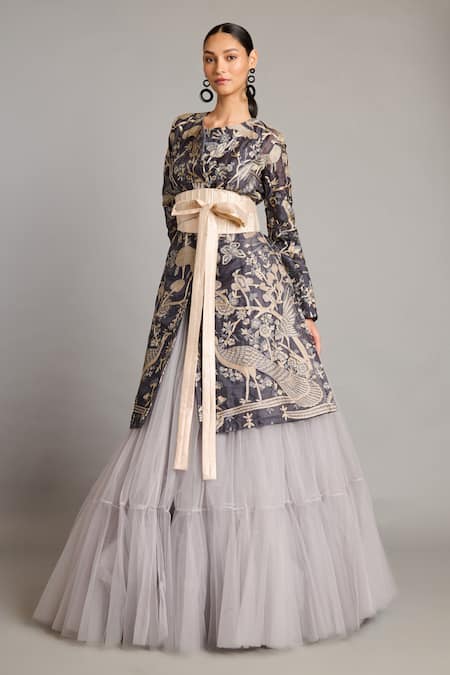 Shop_Siddartha Tytler_Gray Organza Zari Round Neck Charcoal Forest Wrap Jacket _at_Aza_Fashions