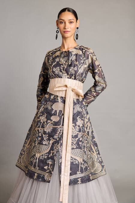 Siddartha Tytler_Gray Organza Zari Round Neck Charcoal Forest Wrap Jacket _Online_at_Aza_Fashions