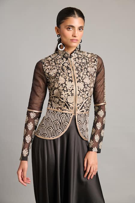 Buy_Siddartha Tytler_Black Organza Zari High Neck Embroidered Jacket _Online_at_Aza_Fashions