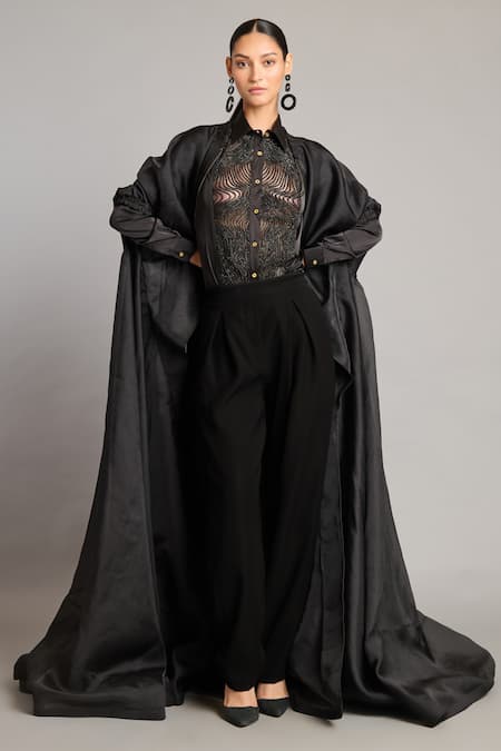 Siddartha Tytler Black Organza Open Neck Opera Jacket 