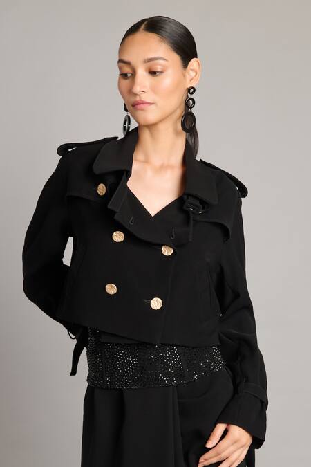 Siddartha Tytler Black Microfiber Cropped Trench Coat Online at Aza Fashions Siddartha Tytler_Black Microfiber Cropped Trench Coat _Online_at_Aza_Fashions