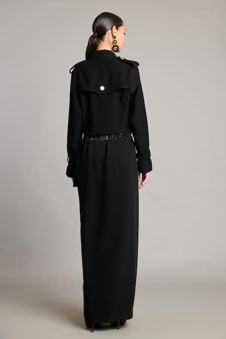 Shop Siddartha Tytler Black Microfiber Cropped Trench Coat at Aza Fashions Shop_Siddartha Tytler_Black Microfiber Cropped Trench Coat _at_Aza_Fashions