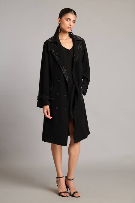 Siddartha Tytler Black Microfiber Crystal Embellished Trench Coat Online at Aza Fashions Siddartha Tytler_Black Microfiber Crystal Embellished Trench Coat _Online_at_Aza_Fashions