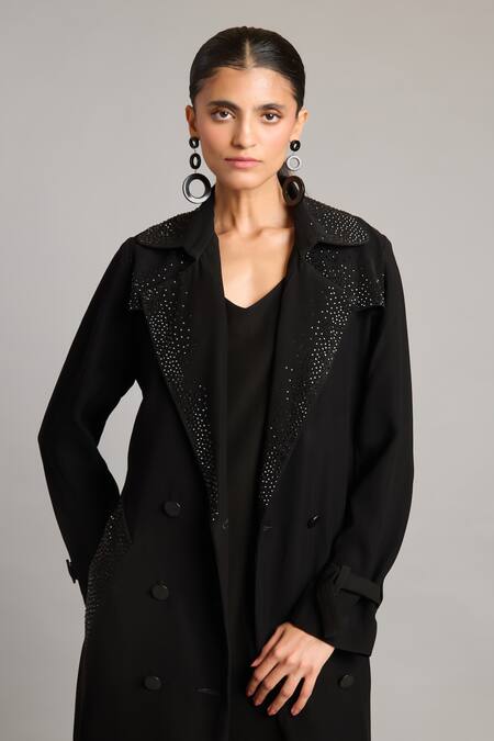 Buy Siddartha Tytler Black Microfiber Crystal Embellished Trench Coat Online at Aza Fashions Buy_Siddartha Tytler_Black Microfiber Crystal Embellished Trench Coat _Online_at_Aza_Fashions