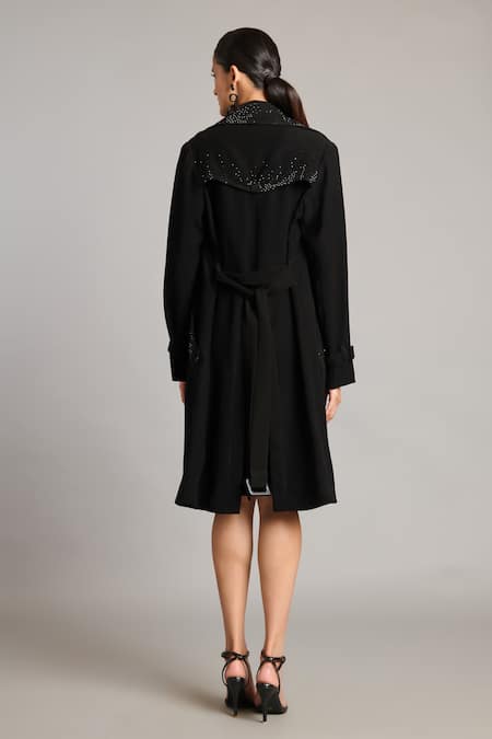Shop Siddartha Tytler Black Microfiber Crystal Embellished Trench Coat at Aza Fashions Shop_Siddartha Tytler_Black Microfiber Crystal Embellished Trench Coat _at_Aza_Fashions