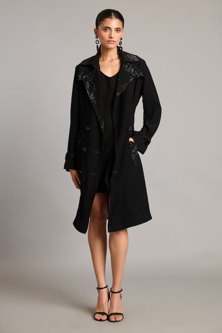 Siddartha Tytler Black Microfiber Crystal Embellished Trench Coat 