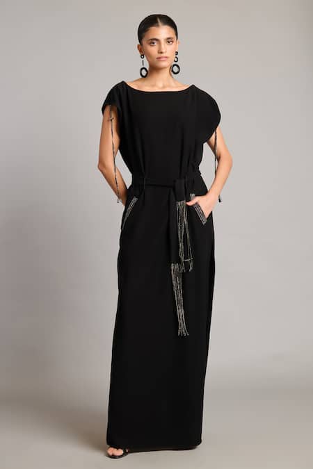 Siddartha Tytler Black Microfiber Crystals Boat Neck Belted Kaftan With Detail 