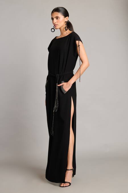 Siddartha Tytler_Black Microfiber Crystals Boat Neck Belted Kaftan With Detail _Online_at_Aza_Fashions