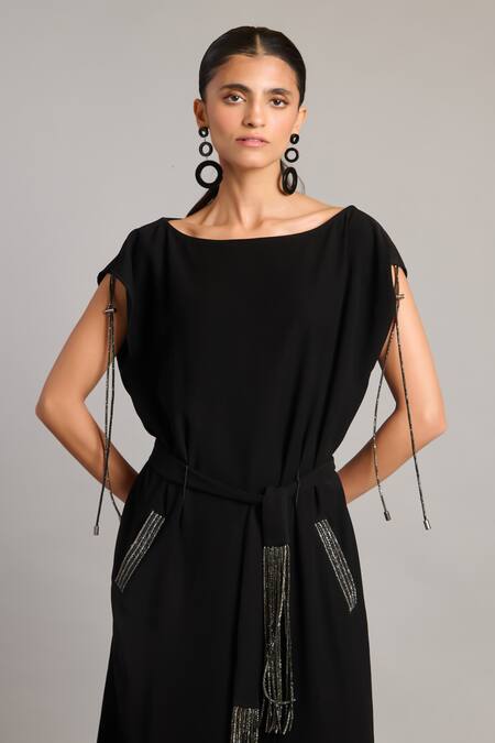 Buy_Siddartha Tytler_Black Microfiber Crystals Boat Neck Belted Kaftan With Detail _Online_at_Aza_Fashions