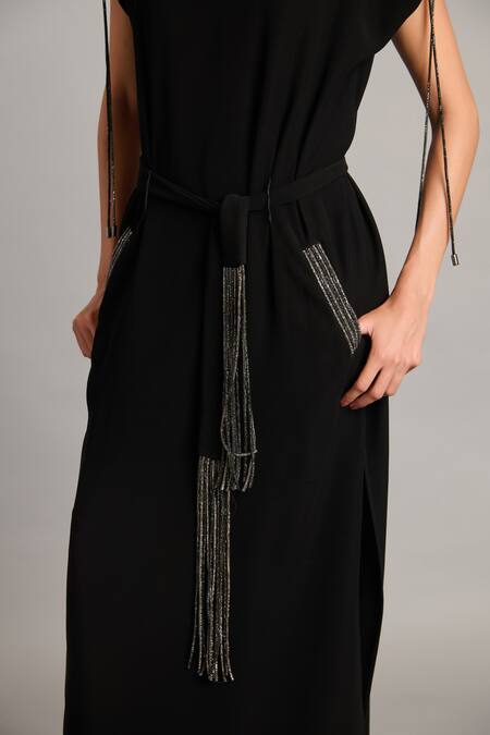 Shop_Siddartha Tytler_Black Microfiber Crystals Boat Neck Belted Kaftan With Detail _Online_at_Aza_Fashions