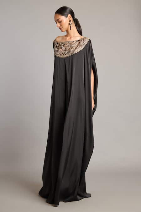 Siddartha Tytler_Black Satin Zari Boat Neck Embroidered Kaftan _Online_at_Aza_Fashions
