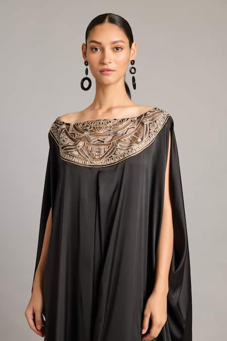 Buy_Siddartha Tytler_Black Satin Zari Boat Neck Embroidered Kaftan _Online_at_Aza_Fashions