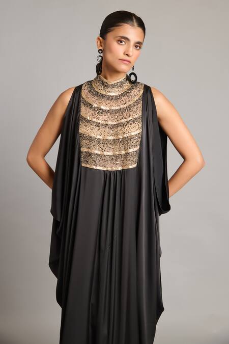 Siddartha Tytler_Black Satin Round Neck Mixed Media Kaftan _Online_at_Aza_Fashions