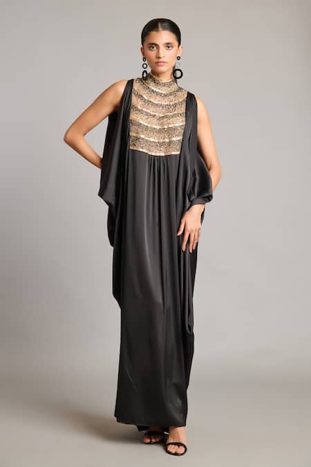 Siddartha Tytler Black Satin Round Neck Mixed Media Kaftan