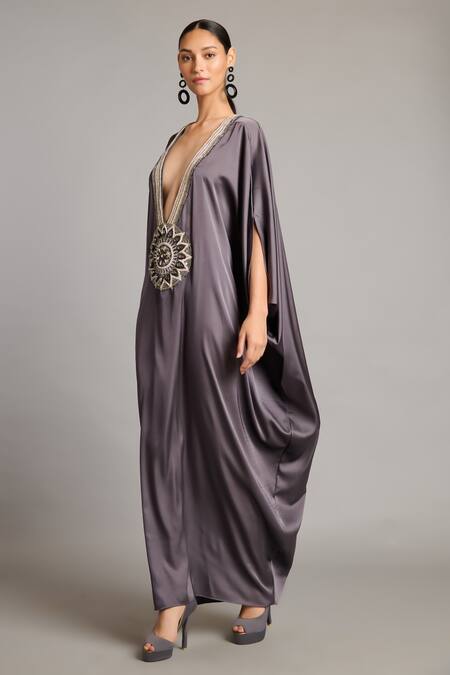 Siddartha Tytler Gray Satin Beads V-neck Charcoal Mandala Kaftan Online at Aza Fashions Siddartha Tytler_Gray Satin Beads V-neck Charcoal Mandala Kaftan _Online_at_Aza_Fashions
