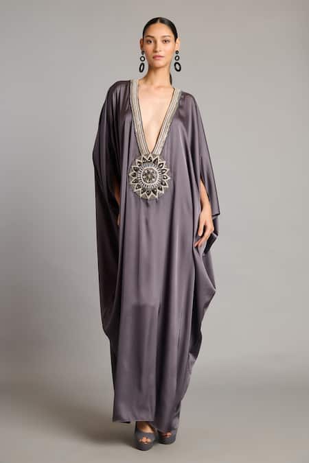 Siddartha Tytler Gray Satin Beads V-neck Charcoal Mandala Kaftan