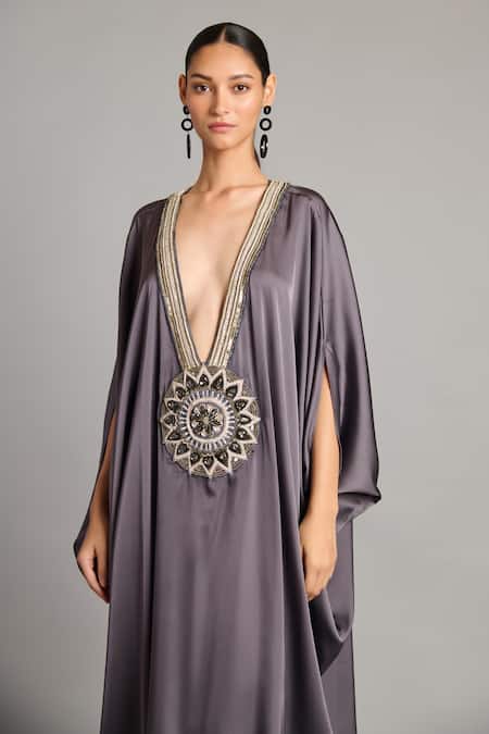 Buy Siddartha Tytler Gray Satin Beads V-neck Charcoal Mandala Kaftan Online at Aza Fashions Buy_Siddartha Tytler_Gray Satin Beads V-neck Charcoal Mandala Kaftan _Online_at_Aza_Fashions
