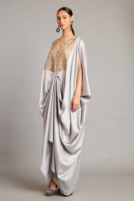 Siddartha Tytler_Gray Satin Zari V-neck Steel Forest Kaftan _Online_at_Aza_Fashions