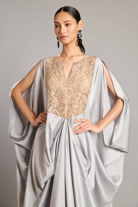 Buy_Siddartha Tytler_Gray Satin Zari V-neck Steel Forest Kaftan _Online_at_Aza_Fashions