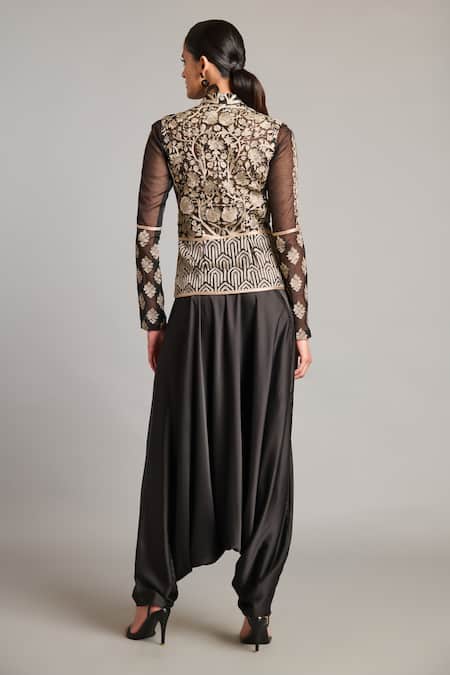 Shop Siddartha Tytler Black Satin Zouave Flared Pant at Aza Fashions Shop_Siddartha Tytler_Black Satin Zouave Flared Pant _at_Aza_Fashions