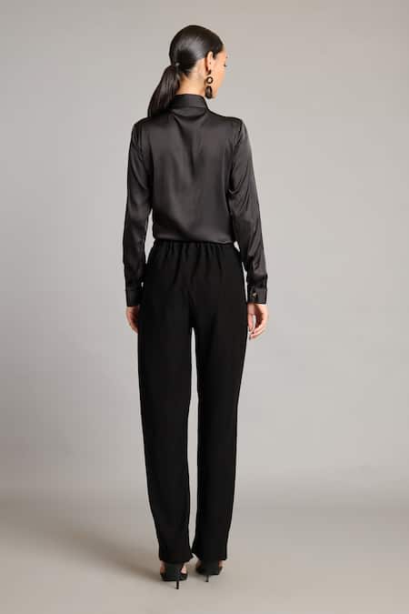 Shop Siddartha Tytler Black Satin Embroidery Collared Shirt With Crystal at Aza Fashions Shop_Siddartha Tytler_Black Satin Embroidery Collared Shirt With Crystal _at_Aza_Fashions