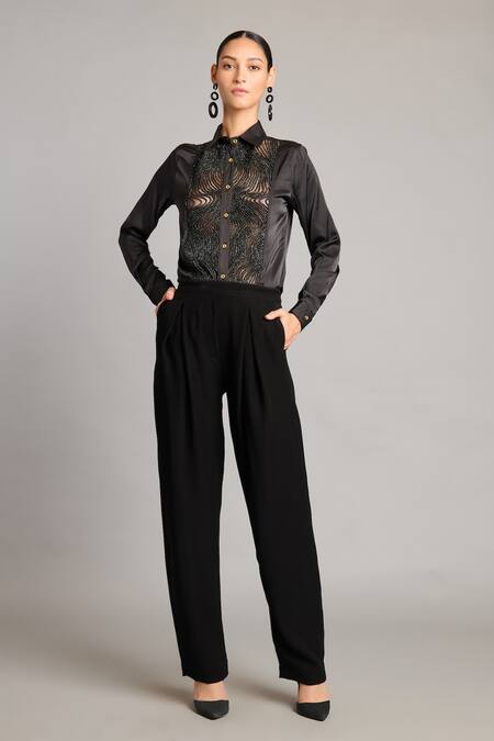 Siddartha Tytler Black Satin Embroidery Collared Shirt With Crystal 