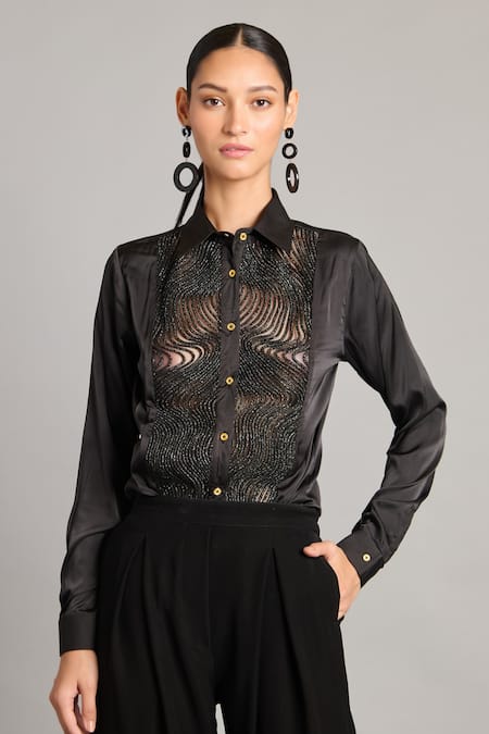Buy Siddartha Tytler Black Satin Embroidery Collared Shirt With Crystal Online at Aza Fashions Buy_Siddartha Tytler_Black Satin Embroidery Collared Shirt With Crystal _Online_at_Aza_Fashions