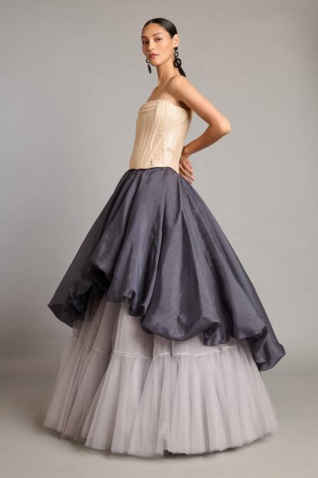 Siddartha Tytler Gray Organza Charcoal Bauble High-low Skirt Online at Aza Fashions Siddartha Tytler_Gray Organza Charcoal Bauble High-low Skirt _Online_at_Aza_Fashions