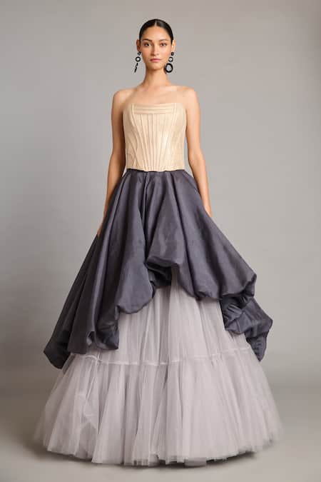 Siddartha Tytler Gray Organza Charcoal Bauble High-low Skirt 