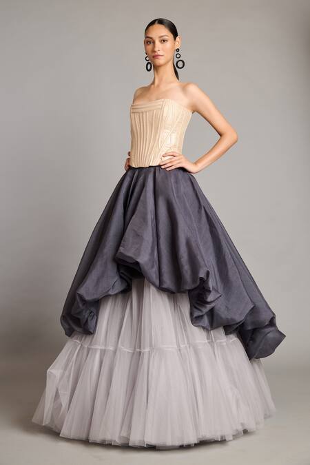 Buy_Siddartha Tytler_Gray Tulle Steel Grey Skirt _Online_at_Aza_Fashions