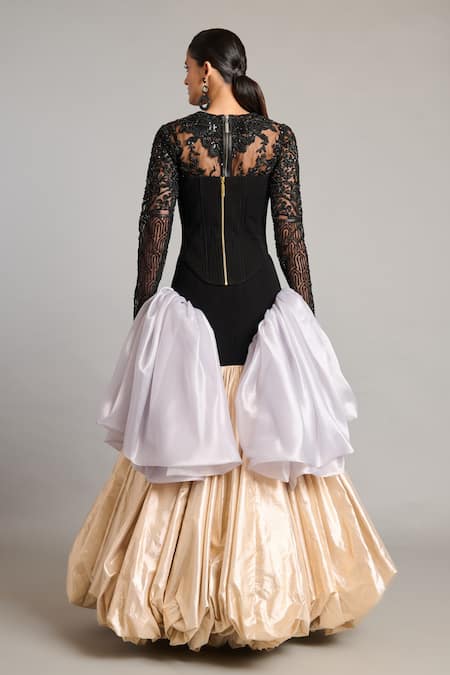 Shop Siddartha Tytler Gold Microfiber Steel Bauble Skirt at Aza Fashions Shop_Siddartha Tytler_Gold Microfiber Steel Bauble Skirt _at_Aza_Fashions