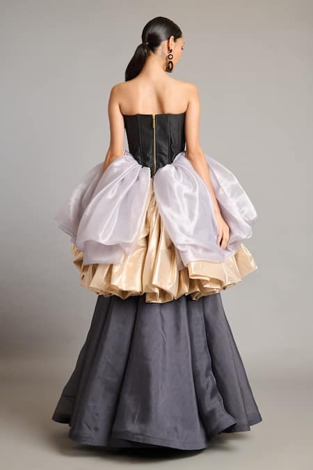 Shop Siddartha Tytler Gold Organza Zari Sheer Bauble Trail Skirt at Aza Fashions Shop_Siddartha Tytler_Gold Organza Zari Sheer Bauble Trail Skirt _at_Aza_Fashions